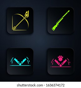 Set Trap hunting, Bow and fire arrow, Trap hunting and Hunting gun. Black square button. Vector