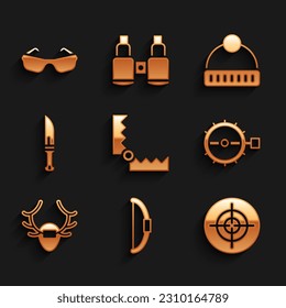 Set Trap hunting, Bow, Target sport, Deer antlers on shield, Hunter knife, Winter hat and Glasses icon. Vector