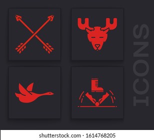 Set Trap hunting, Crossed arrows, Moose head with horns and Flying duck icon. Vector