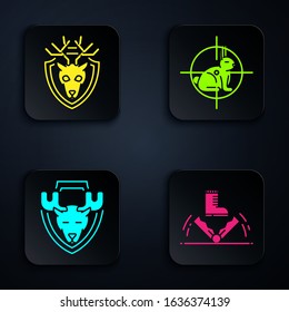 Set Trap hunting, Deer head with antlers on shield, Moose head on shield and Hunt on rabbit with crosshairs. Black square button. Vector