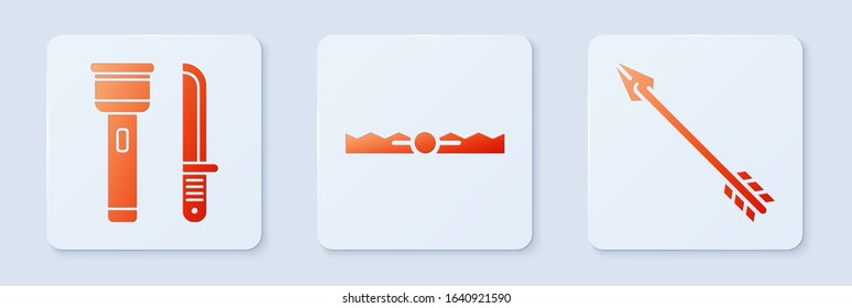 Set Trap hunting, Flashlight and knife and Hipster arrow. White square button. Vector