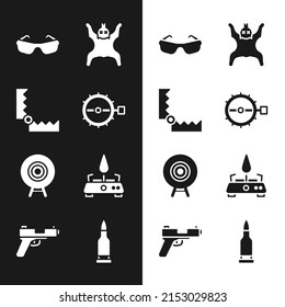 Ponga caza de trampa, gafas, piel de oso, deporte de destino, cocina de gas de camping, icono de pistola de bala y de pistón de pistón. Vector