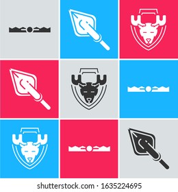 Set Trap hunting, Hipster arrow tip and Moose head on shield icon. Vector