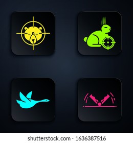 Set Trap hunting, Hunt on bear with crosshairs, Flying duck and Hunt on rabbit with crosshairs. Black square button. Vector