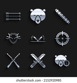 Set Trap hunting, Hunt on bear with crosshairs, Target sport for shooting competition, Two crossed shotguns, Deer antlers shield, Hunting cartridge belt cartridges and Hipster arrows icon. Vector