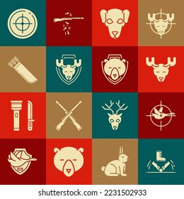 Arreglar caza de trampa, Cazar sobre pato con cruces, cuernos de cabeza de alce, Cazar perro, escudo, flechas de Quiver, Deporte objetivo para competencia de tiro e ícono de oso. Vector