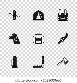 Set Fallenjagd, Jägermesser, Holzaxt, Wanderrucksack, Kugelsichere Weste, Schweizer Armee, Touristenzelt und Jagdhund-Symbol. Vektorgrafik
