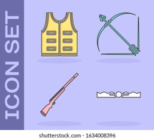 Set Trap hunting, Hunting jacket, Hunting gun and Bow and arrow in quiver icon. Vector