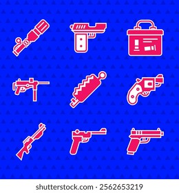 Set Trap hunting, Mauser gun, Pistol or, Small revolver, Hunting, Submachine M3, Military ammunition box and Anti-tank hand grenade icon. Vector