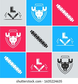 Set Trap hunting, Moose head on shield and Hunting cartridge belt with cartridges icon. Vector