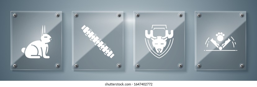 Coloque la caza de la trampa, la cabeza de la aleta sobre la cubierta, Cazar la correa del cartucho con los cartuchos y Conejo. Paneles de vidrio cuadrado. Vector