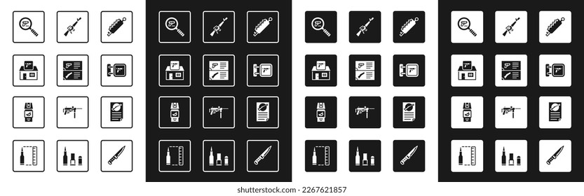 Juego de caza de armas, catálogo de armas, arma de cacería, búsqueda de pistolas o pistolas, rifle M16A1, certificado de licencia de armas de fuego e icono de gas pimienta. Vector