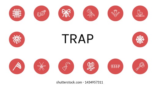 Set of trap icons such as Net, Fish hook, Mosquito, Trap, Butterfly net, Hook, Carnivorous plant, Hooks, Spider web , trap