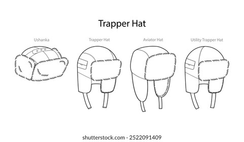 Set of Trapper Hats with text names - Utility Ushanka Aviator. Winter Head Fashion accessory cap with fur clothing technical illustration. Vector headgear, flat template mockup sketch outline isolated