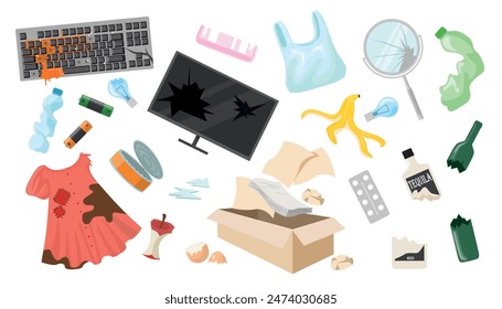 Set of trash, abandoned things in cartoon style. Vector illustration of smeared keyboard, cracked computer monitor, broken mirror, torn dress, bottles, banana peel and apple, box with old paper, comb.