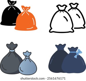 A set of trash bags in different sizes and colors.