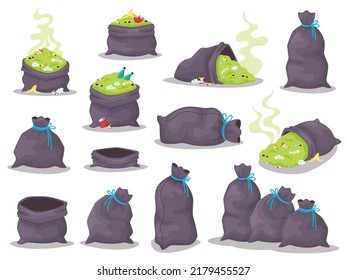 Set of trash bags with smelly garbage. Black sacks full of litter in cartoon style, heaps of rubbish isolated on a white background, dump with plastic, paper, glass and food waste, vector illustration