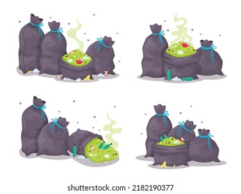 Set of trash bags with smelly garbage. Black sacks full of litter in cartoon style, heaps of rubbish isolated on a white background, dump with plastic, paper, glass and food waste, vector illustration