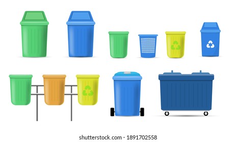 Set Of Trash Bin Or Can, Flat Realistic  Colorful Garbage Bin Or Trash Can Waste Basket Or Recycling Concept. Eps 10 Vector Illustration
