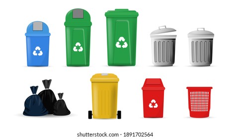 set of trash bin or can, flat realistic  colorful garbage bin or trash can waste basket or recycling concept. eps 10 vector illustration
