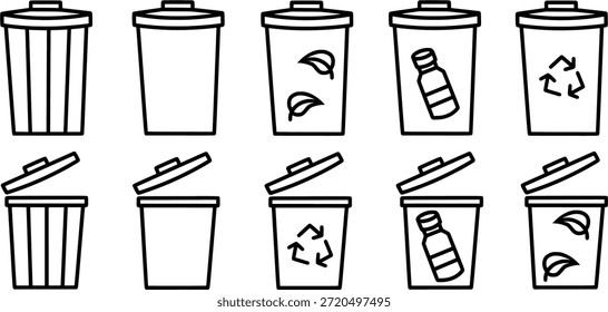 Conjunto de icono de papelera con reciclaje, botella de plástico y símbolo de residuos orgánicos. Ilustración de bote de basura de contorno, icono de clasificación de residuos ecológico. Ilustración vectorial.