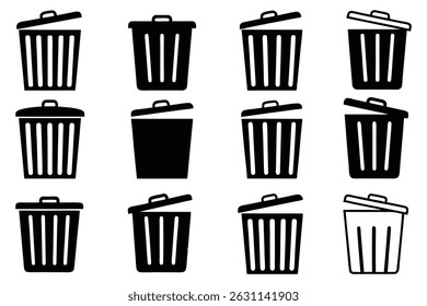 Set of Trash Bin Icons – Garbage, Delete, and Waste Basket Symbols in Flat and Outline Style