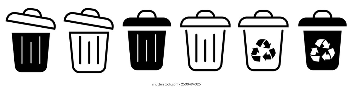 Set of trash bin icons. Vector illustration isolated on white background. Black fill and strock icons. 