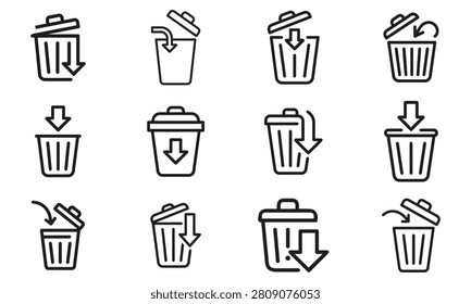 Set of trash bin line icons with arrows indicating deleting, removing, or moving files to the recycle bin in digital interfaces