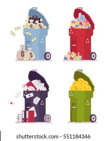 Set of trash bins, cans for garbage full of money, likes, paper, golden coins, colorful large cylindrical containers for rubbish used in household, metaphor for useless, unwanted things and ideas