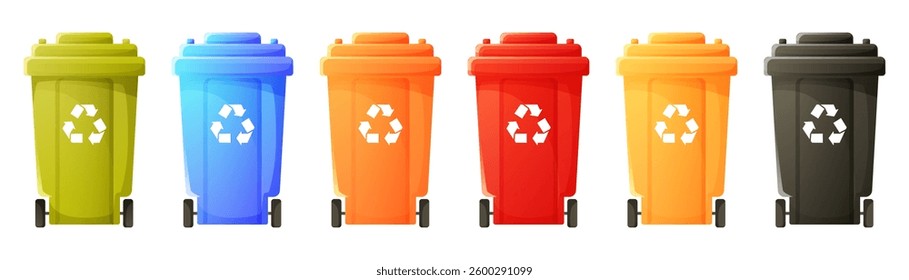 Set of trash bins of different colors for sorting different types of garbage. Multicolored trash bins with recycling icon. Containers for waste sorting. Vector illustration.