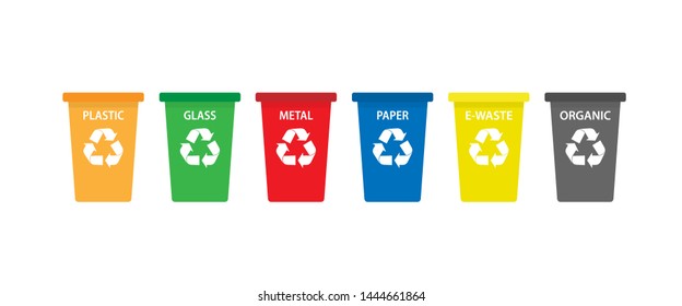 A set of trash bins for electronic, plastic, metal, glass, paper and organic waste. EPS 10.
vector illustration isolated on white background