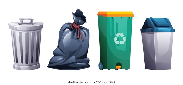 Set of trash bins including metal, plastic, recycling, and tied bags for waste disposal. Vector cartoon illustration