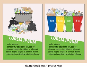 Set of trash bins with mixed and sorted garbage banners. Waste sorting, recycle concept. Prevention of garbage pollution template. Copy space. Hand drawn vector illustration.