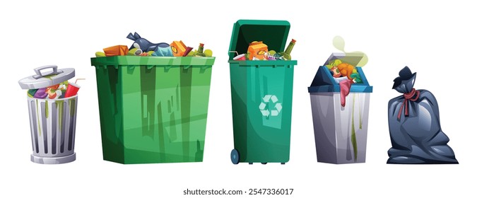 Mülltonnen, die mit Müll überlaufen, zeigen Abfall- und Recyclingkonzepte. Vektorgrafik