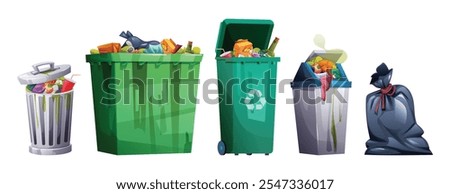 Set of trash bins overflowing with garbage, showcasing waste and recycling concepts. Vector cartoon illustration