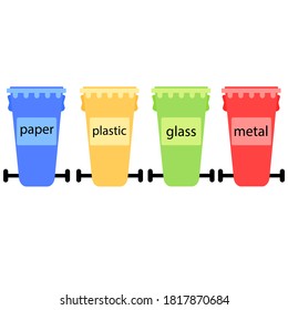 Set of trash bins  for recycling waste. Concept of recycling and zero waste. Bins for paper, plastic, glass, metal.