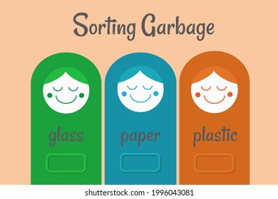 Set of trash bins with sorted garbage: plastic, paper, glass. Colorful smiling cans. Separation of garbage into different containers. Waste sorting, Responsibility, Environment and Ecology concept