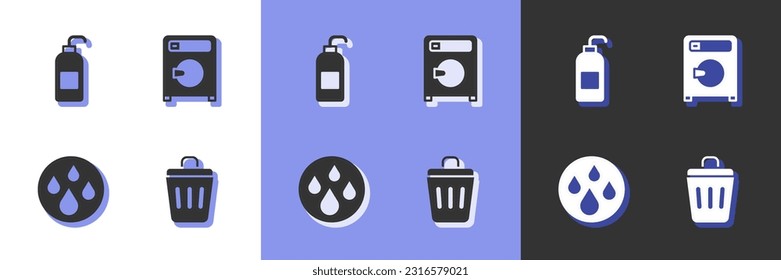 Set Trash can, Antibacterial soap, Water drop and Washer icon. Vector