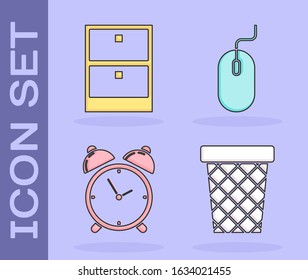 Set Trash can, Archive papers drawer, Alarm clock and Computer mouse icon. Vector