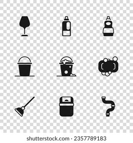 Set Trash can, Bar of soap, Industry metallic pipe, Bucket with foam and bubbles, Dishwashing liquid bottle, Wine glass, Bottle for detergent and  icon. Vector
