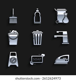 Set Trash can, Bar of soap with foam, Electric iron, Water tap, Wet floor and cleaning in progress, Bucket bubbles,  and Handle broom icon. Vector
