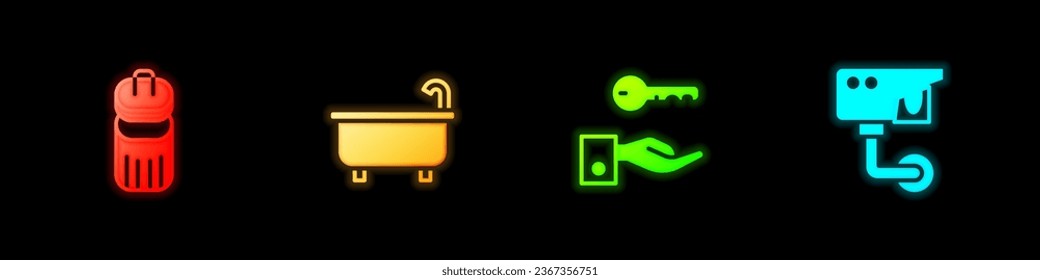 Set Trash can, Bathtub, Hotel door lock key and Security camera icon. Vector