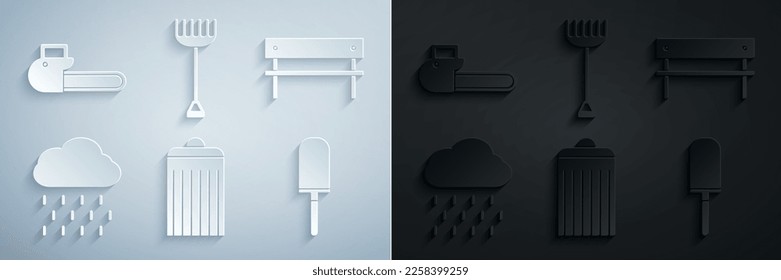 Set Trash can, Bench, Cloud with rain, Garden trowel spade or shovel, rake and Chainsaw icon. Vector