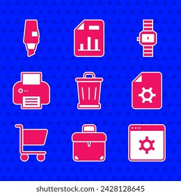 Set Trash can, Briefcase, Browser setting, Document settings, Shopping cart, Printer, Wrist watch and Marker pen icon. Vector