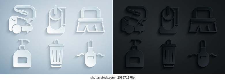 Set Trash can, Brush for cleaning, Bottle of liquid soap, Kitchen apron, Toilet paper roll and Vacuum cleaner icon. Vector