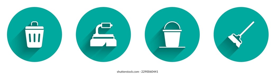 Set Trash can, Brush for cleaning, Bucket and Mop icon with long shadow. Vector