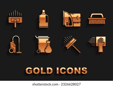 Set Trash can, Brush para limpieza, servicio de limpieza, Squeegee, rascacielos, limpiador de limpiaparabrisas, plancha y toalla eléctricas, y botellas de plástico líquido lavavajillas icono líquido. Vector