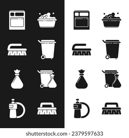 Set Trash can, Brush for cleaning, Kitchen dishwasher machine, Plastic basin with soap suds, Garbage bag, and garbage,  and Dishwashing liquid bottle plate icon. Vector