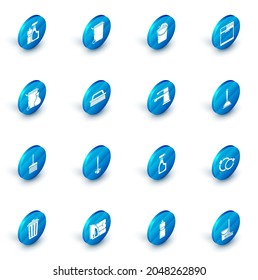 Set Trash can, Bucket with foam and bubbles, Washer, Handle broom, Brush for cleaning, Toilet plunger and Water tap icon. Vector