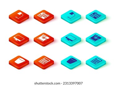 Set Trash can, Calculator, Computer monitor screen, Coffee machine, Calendar and Table lamp icon. Vector